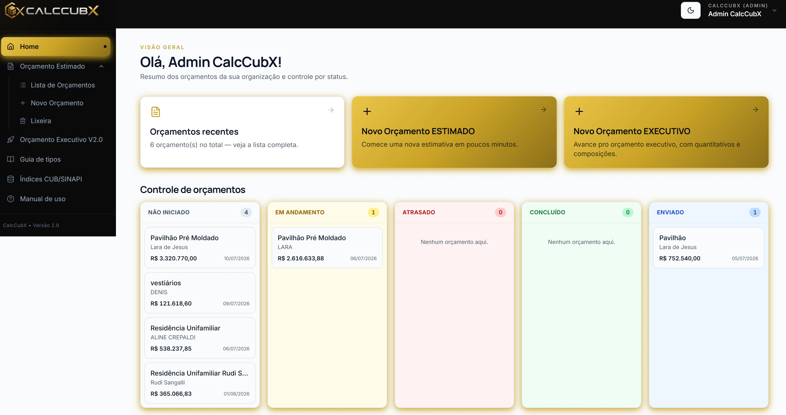 Dashboard CalcCubX com métricas de orçamentos