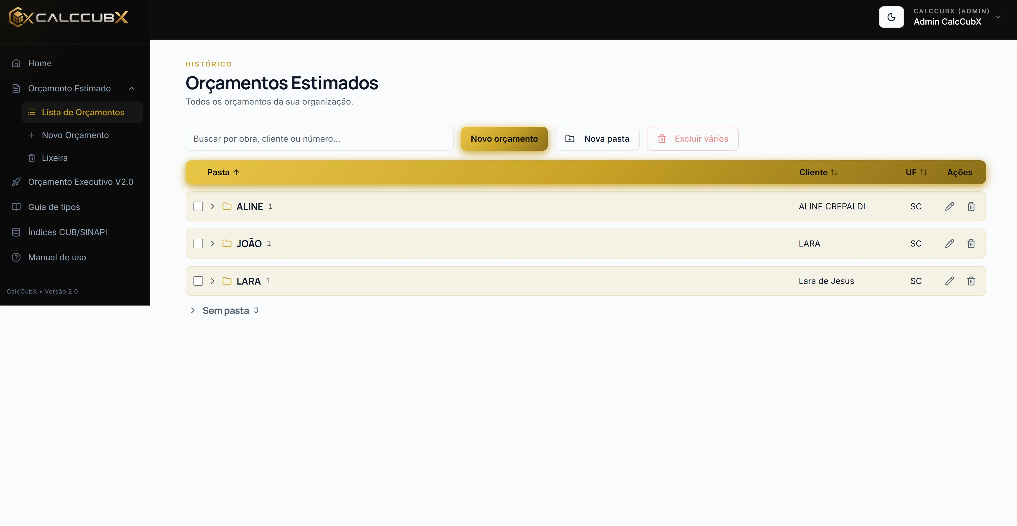 Lista de orçamentos com pastas e status