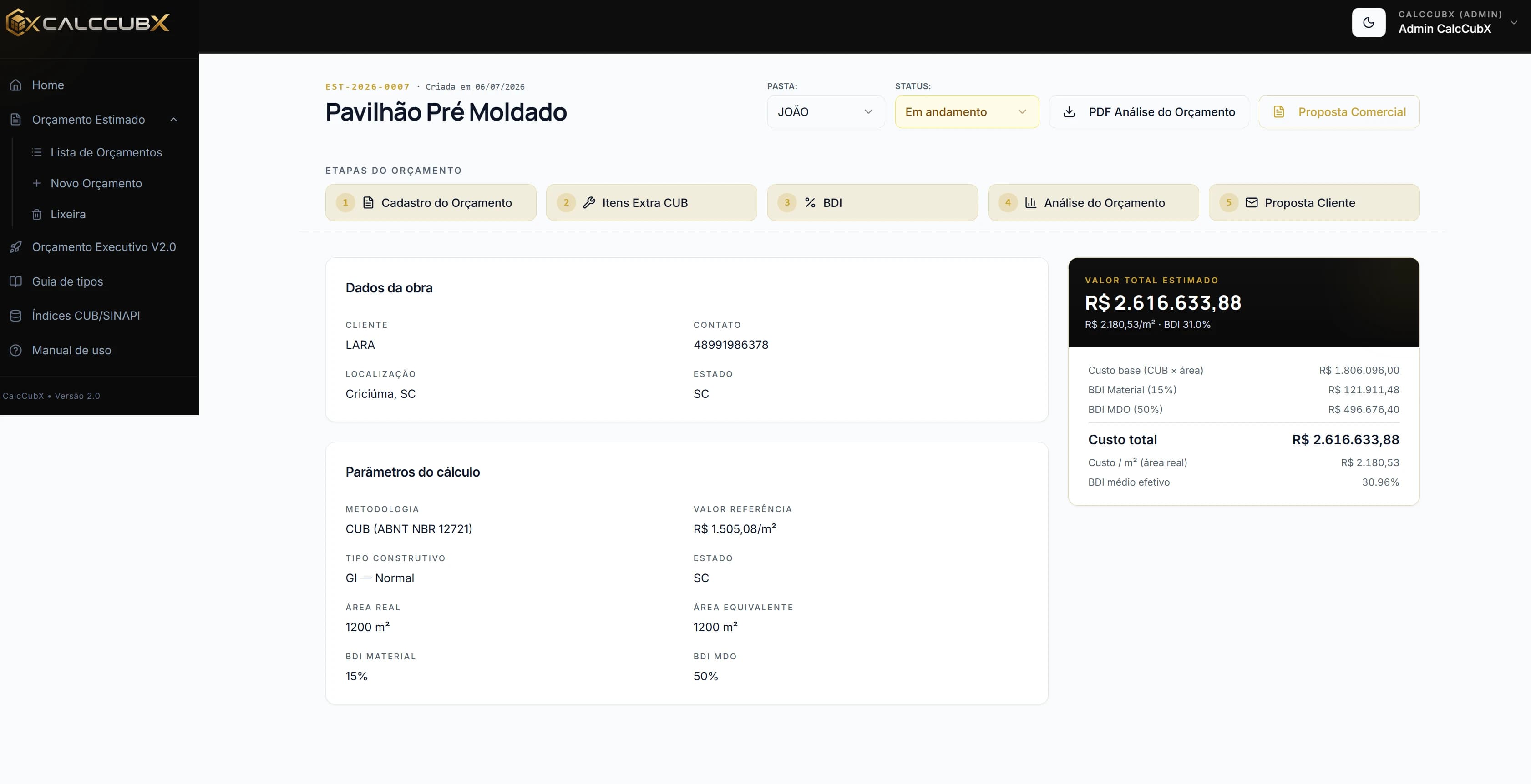 Detalhe do orçamento com card de Resultado em destaque